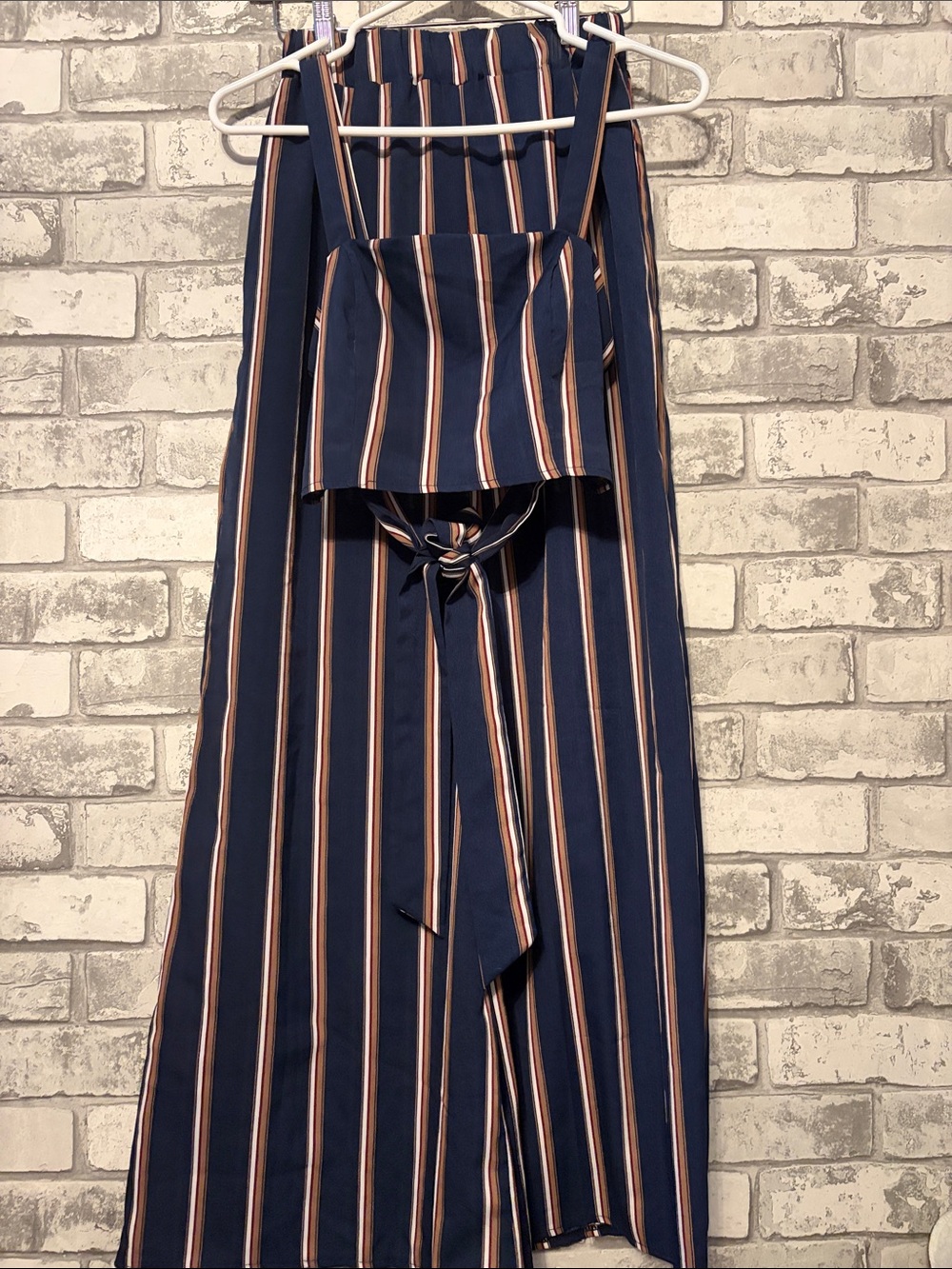 Striped Navy Wide-Leg Two Piece Jumpsuit with Tie Front